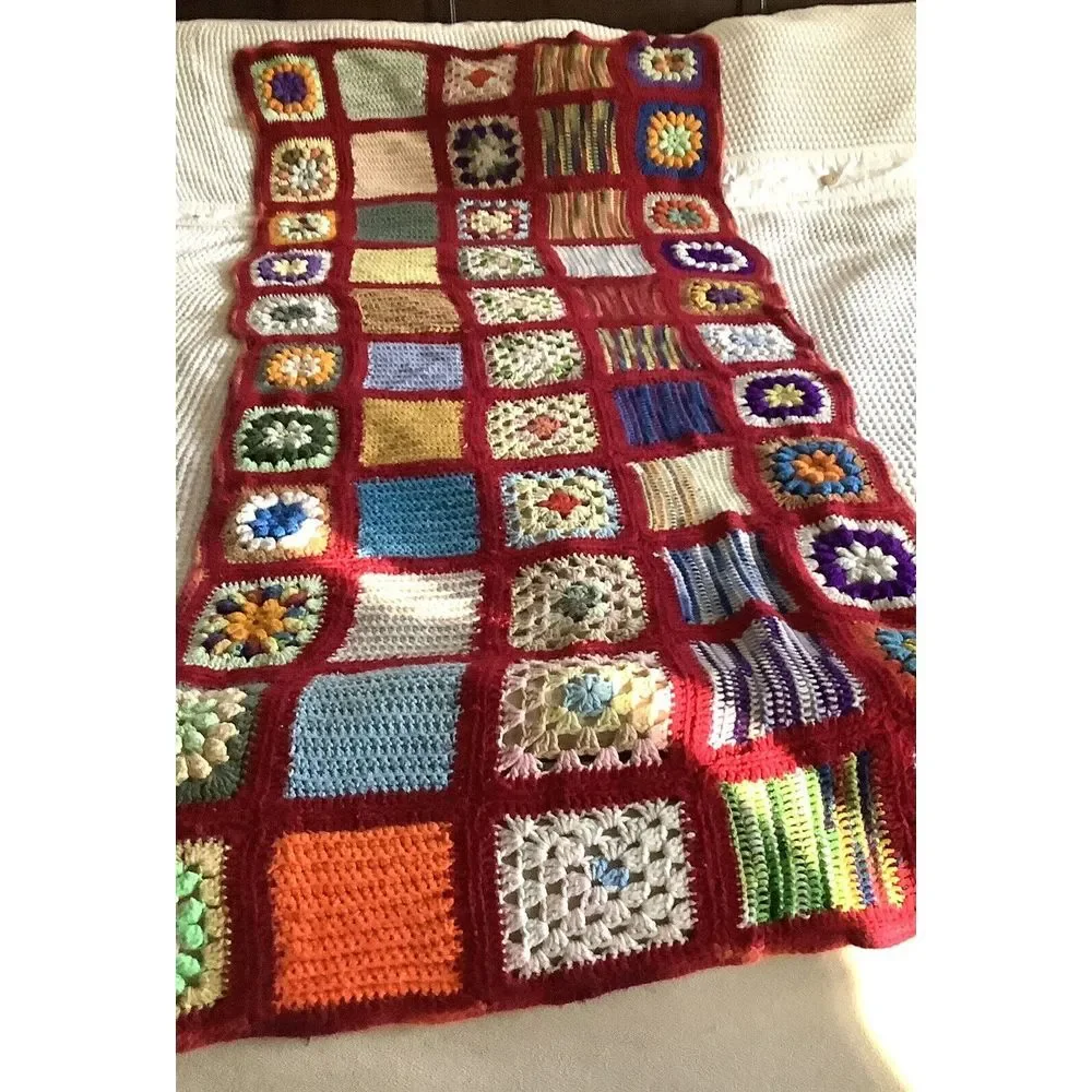 Granny Square Afghan Blanket Throw‎ Crochet Red Multi Color 84x35 in Vintage